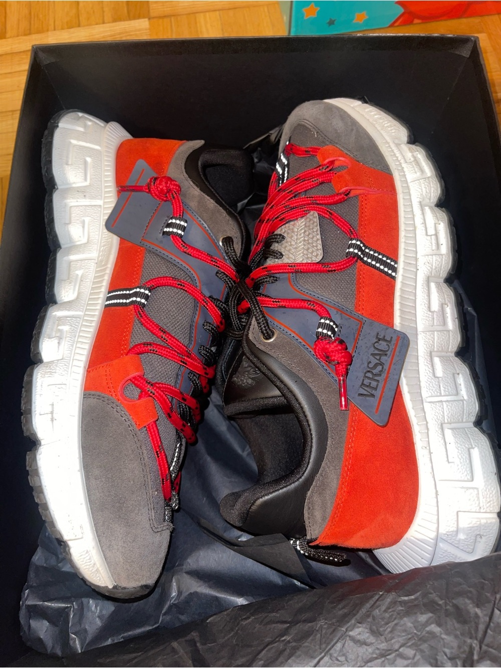 Versace Red & Gray Suede Chunky Sole Sneakers